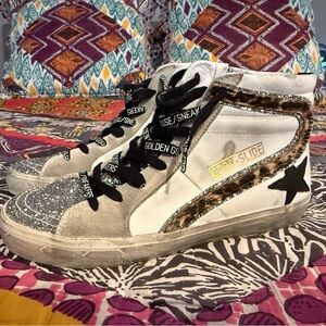 GOLDEN GOOSE Slide Leather Leopard Glitter Toes Mid/High Zipper Size 38